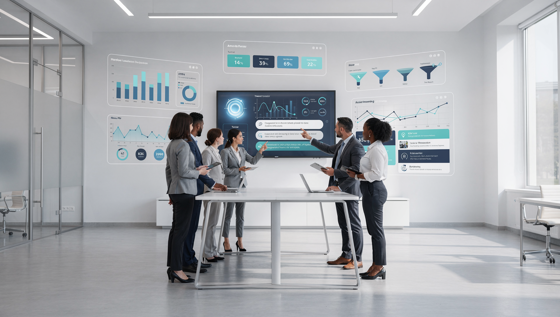 Illustration from the sales risk case study showing a team reviewing account intelligence